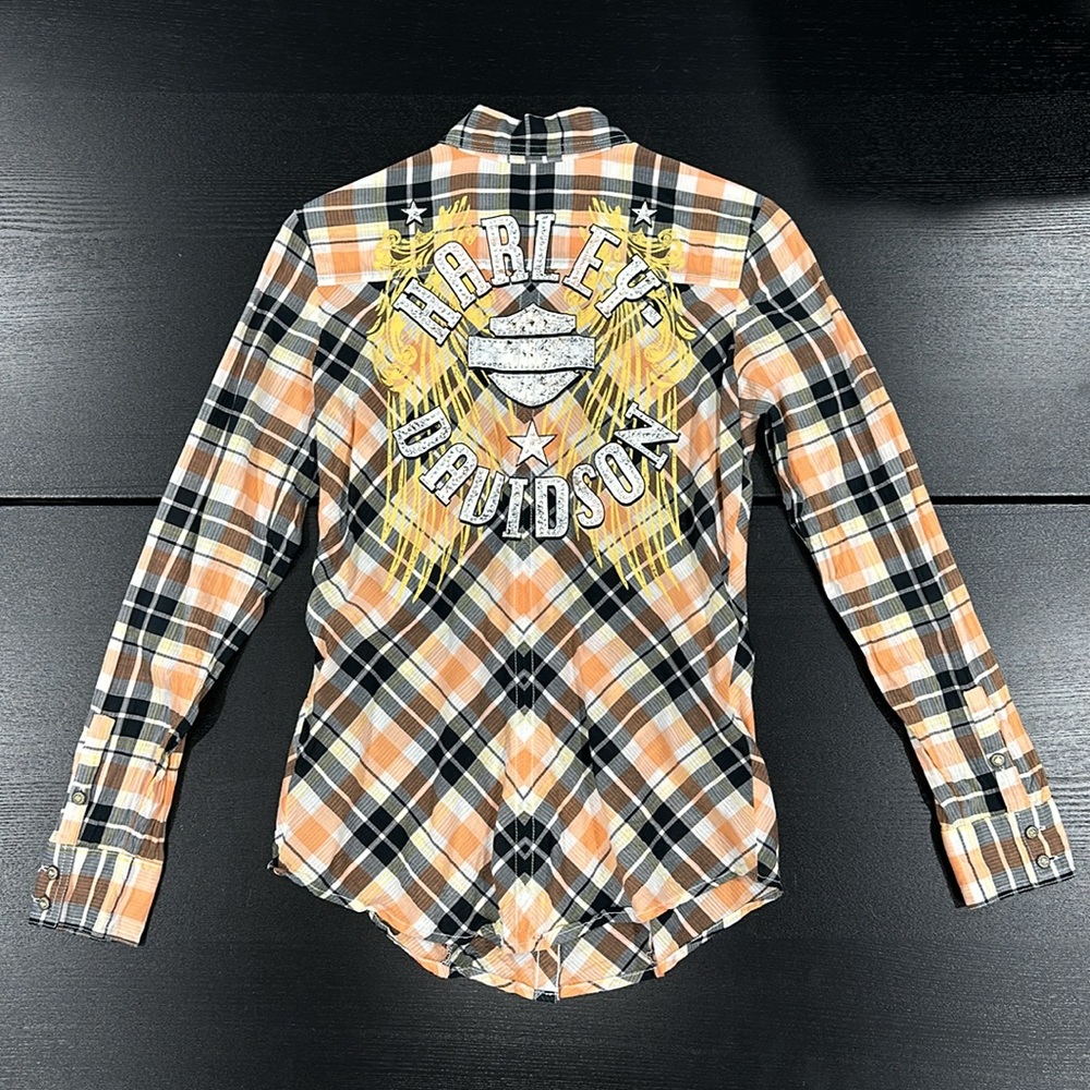 Harley-Davidson Women’s Orange and Black Plaid Shirt with Rhinestone Wing - XS - Picture 3 of 10